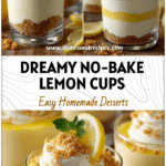 Creamy No Bake Lemon Cheesecake Cups layered in glass with whipped lemon mousse and crumbs.